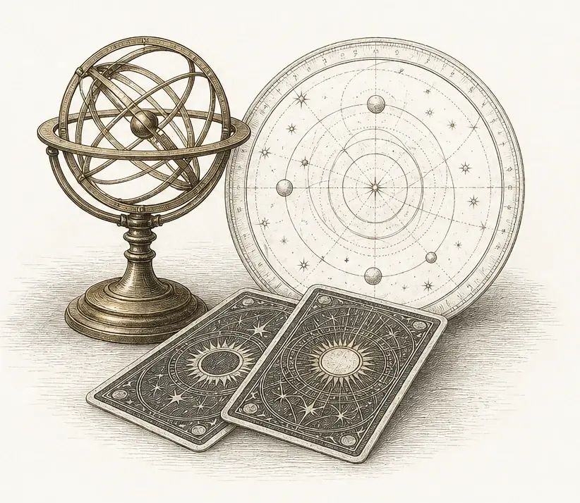 Illustration of an armillary sphere, a celestial chart, and two tarot cards.